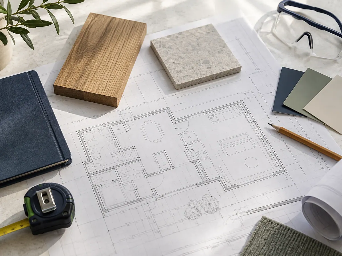 Plans de rénovation, échantillons de matériaux et outils de mesure