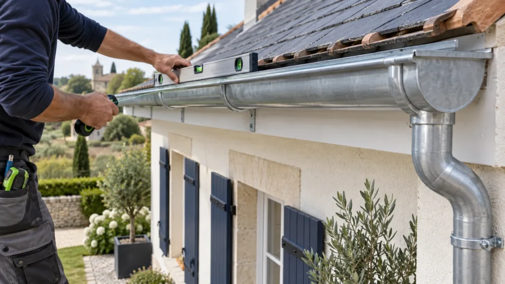 Installateur réglant la pente d’une gouttière en zinc avec un niveau