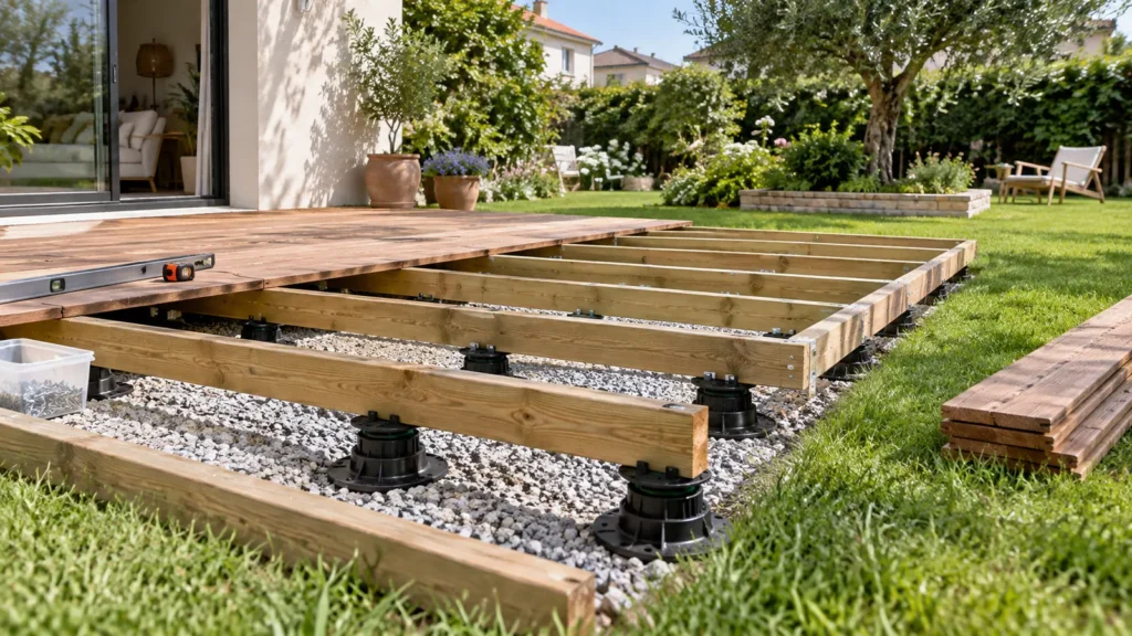 Terrasse en bois sur pelouse : préparer le sol et les appuis