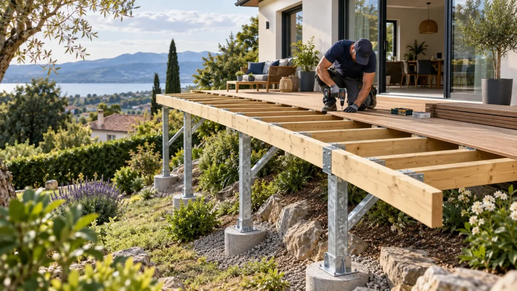 Terrasse sur pilotis en kit : règles, structure et budget